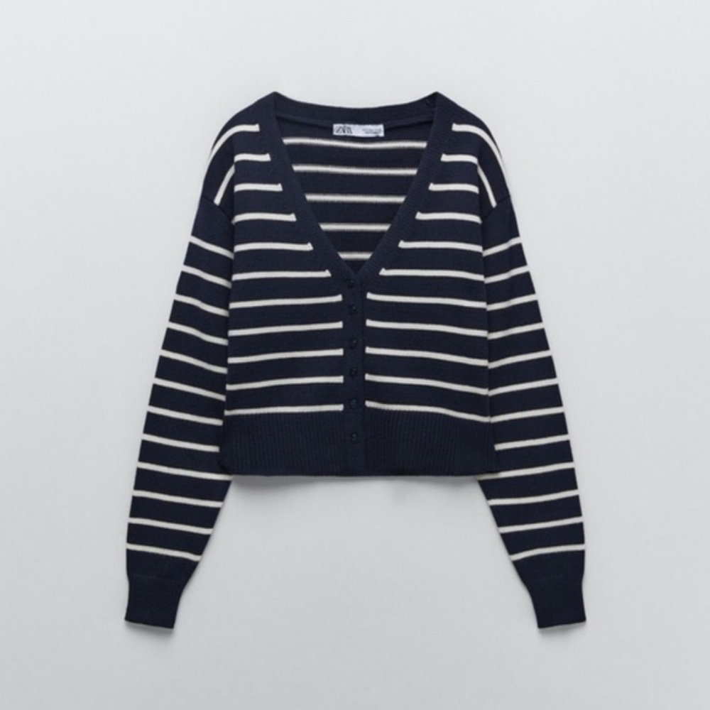 Zara Navy Striped Knit Cardigan S